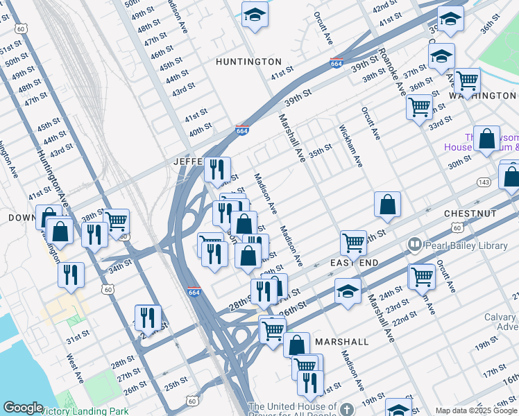 map of restaurants, bars, coffee shops, grocery stores, and more near 651 33rd Street in Newport News