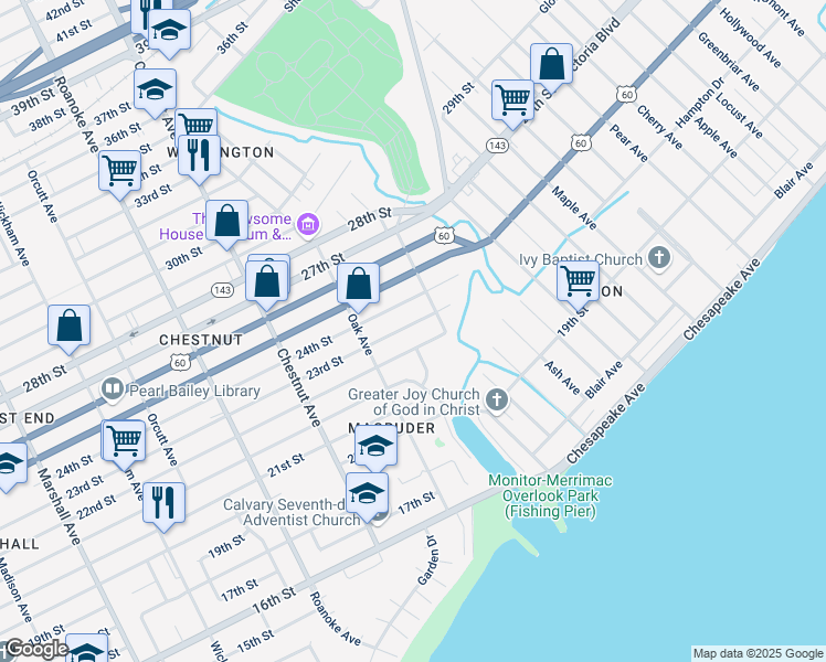 map of restaurants, bars, coffee shops, grocery stores, and more near 2129 Garner Terrace in Newport News