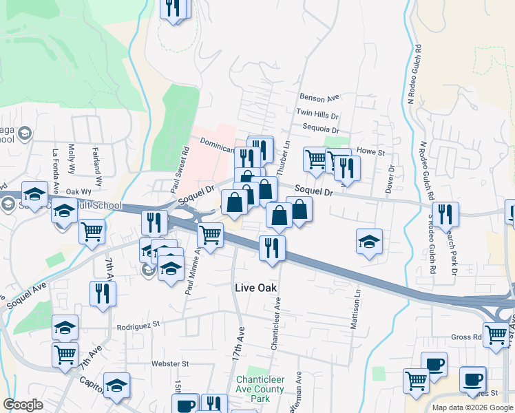 map of restaurants, bars, coffee shops, grocery stores, and more near 2636 17th Avenue in Santa Cruz