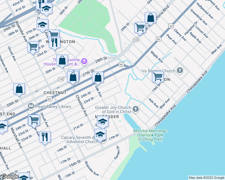 map of restaurants, bars, coffee shops, grocery stores, and more near 2129 Garner Terrace in Newport News