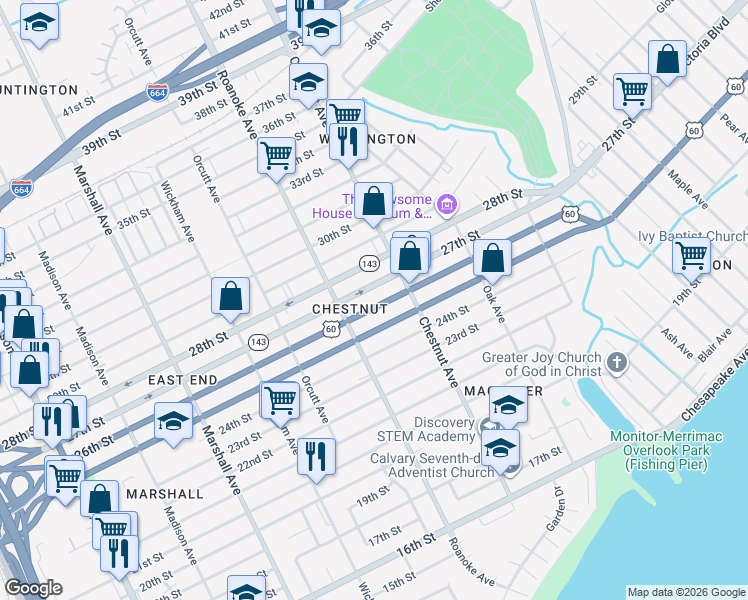 map of restaurants, bars, coffee shops, grocery stores, and more near 1120 26th Street in Newport News