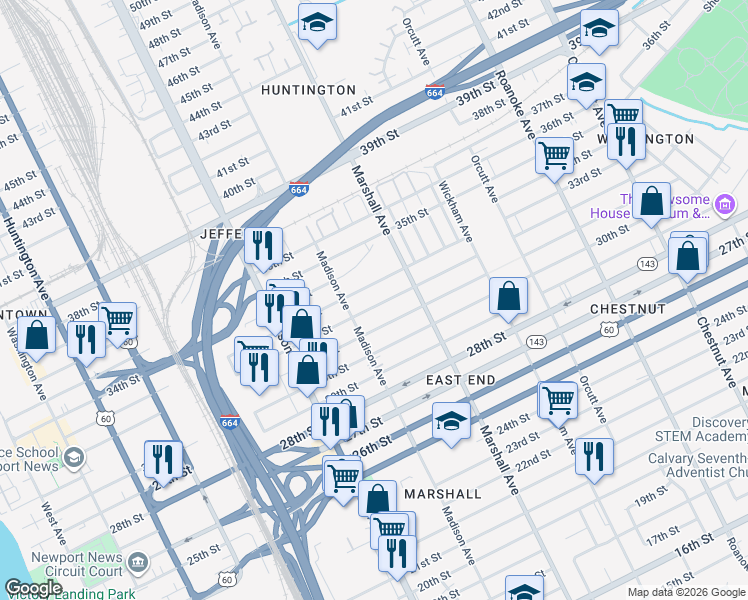 map of restaurants, bars, coffee shops, grocery stores, and more near 712 32nd Street in Newport News