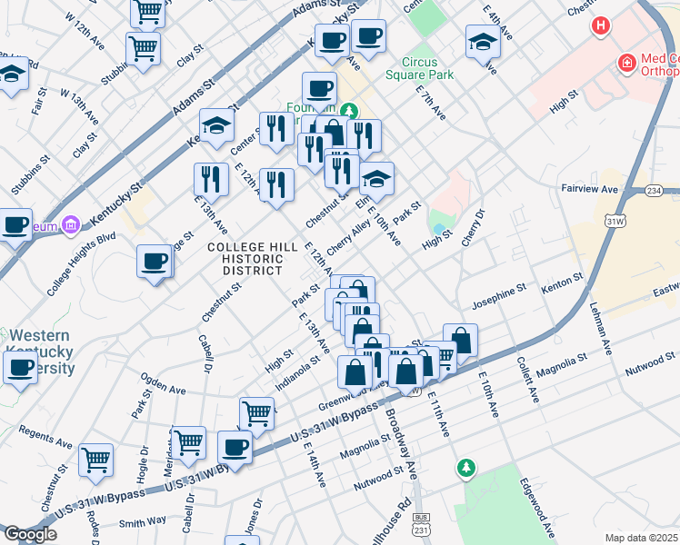 map of restaurants, bars, coffee shops, grocery stores, and more near 713 East 12th Avenue in Bowling Green