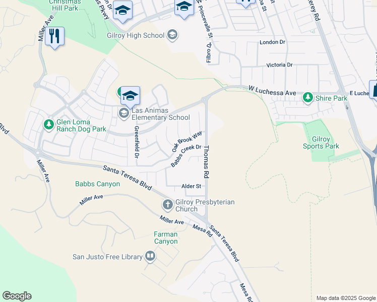map of restaurants, bars, coffee shops, grocery stores, and more near 770 Babbs Creek Drive in Gilroy