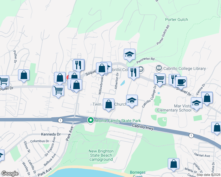map of restaurants, bars, coffee shops, grocery stores, and more near 6315 Baseline Drive in Aptos