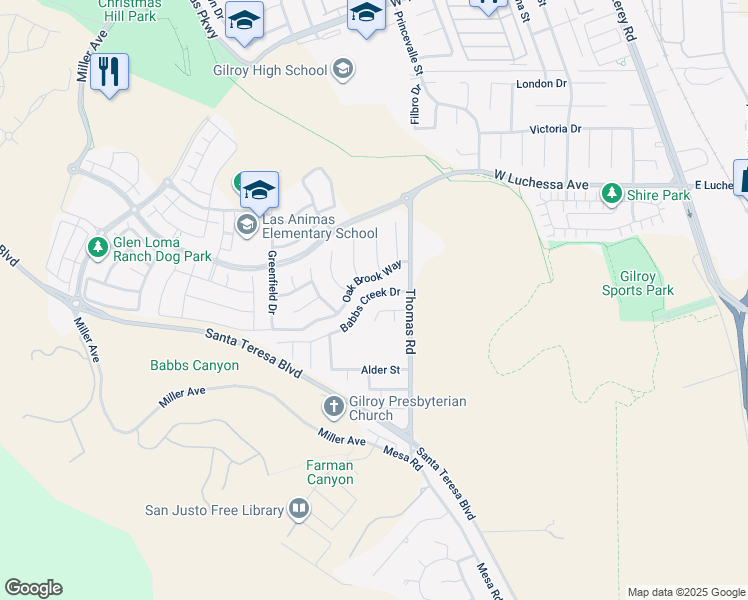 map of restaurants, bars, coffee shops, grocery stores, and more near 770 Babbs Creek Drive in Gilroy