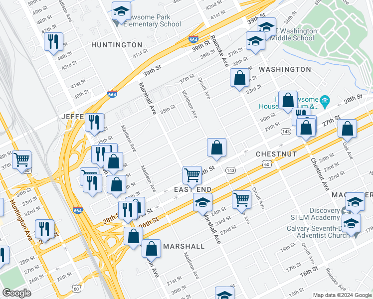 map of restaurants, bars, coffee shops, grocery stores, and more near 822 31st Street in Newport News