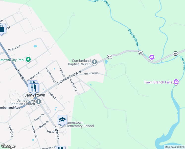 map of restaurants, bars, coffee shops, grocery stores, and more near 191-359 Braxton Road in Jamestown