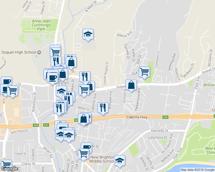 map of restaurants, bars, coffee shops, grocery stores, and more near 3000 Crystal Heights Drive in Soquel