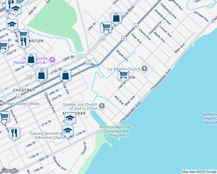 map of restaurants, bars, coffee shops, grocery stores, and more near 126 Ash Avenue in Newport News