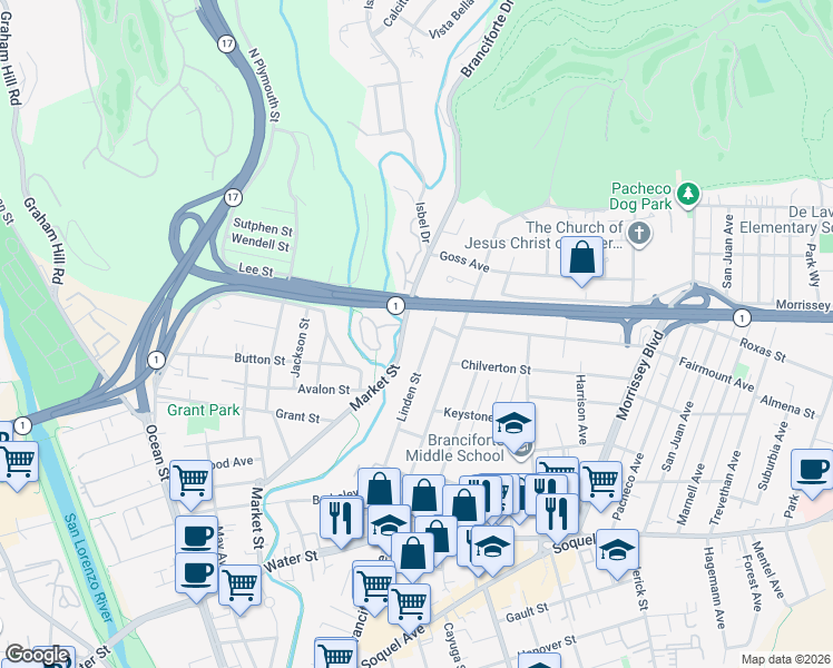 map of restaurants, bars, coffee shops, grocery stores, and more near 419 Linden Street in Santa Cruz