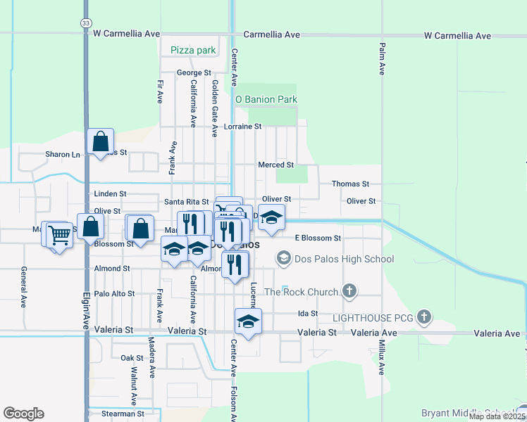 map of restaurants, bars, coffee shops, grocery stores, and more near 1325 Norton Avenue in Dos Palos