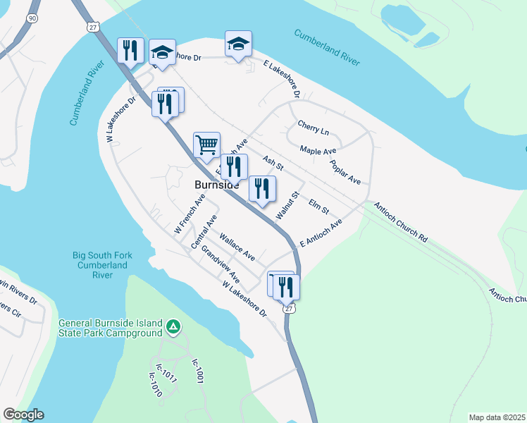 map of restaurants, bars, coffee shops, grocery stores, and more near 8224 U.S. 27 in Burnside