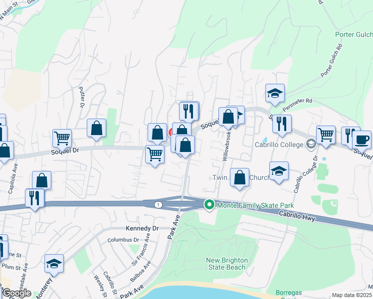 map of restaurants, bars, coffee shops, grocery stores, and more near 2901 Subec Lane in Soquel