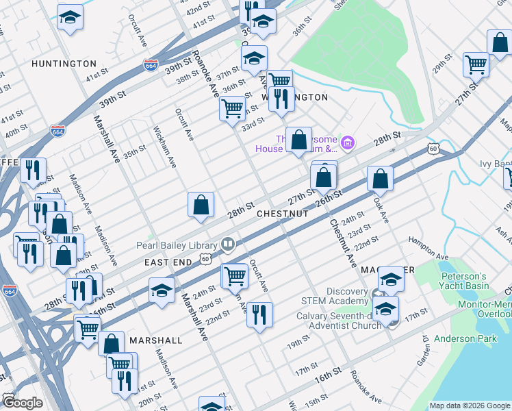 map of restaurants, bars, coffee shops, grocery stores, and more near 1021 27th Street in Newport News
