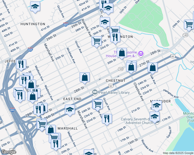 map of restaurants, bars, coffee shops, grocery stores, and more near 2814 Wickham Avenue in Newport News