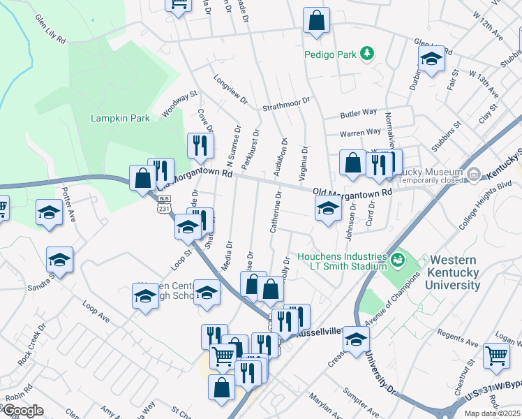 map of restaurants, bars, coffee shops, grocery stores, and more near 1645 Catherine Drive in Bowling Green