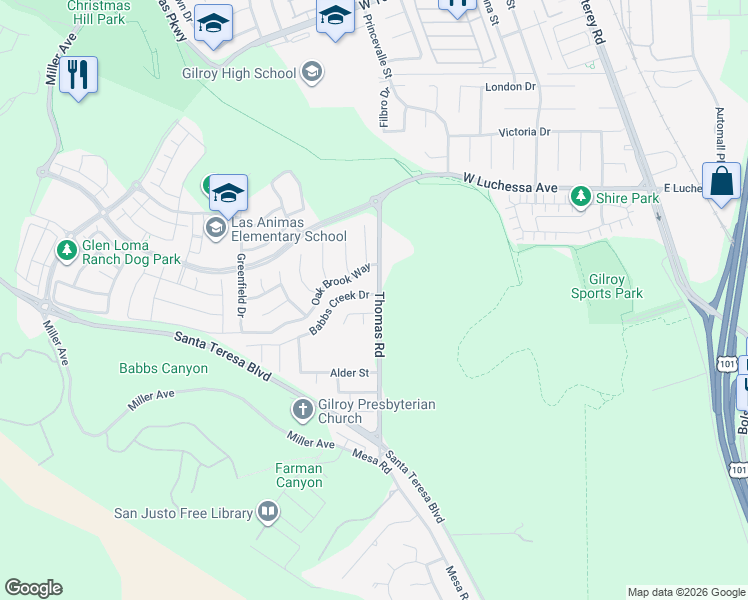 map of restaurants, bars, coffee shops, grocery stores, and more near 700 Babbs Creek Drive in Gilroy