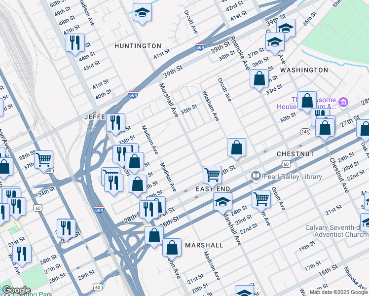 map of restaurants, bars, coffee shops, grocery stores, and more near 754 32nd Street in Newport News