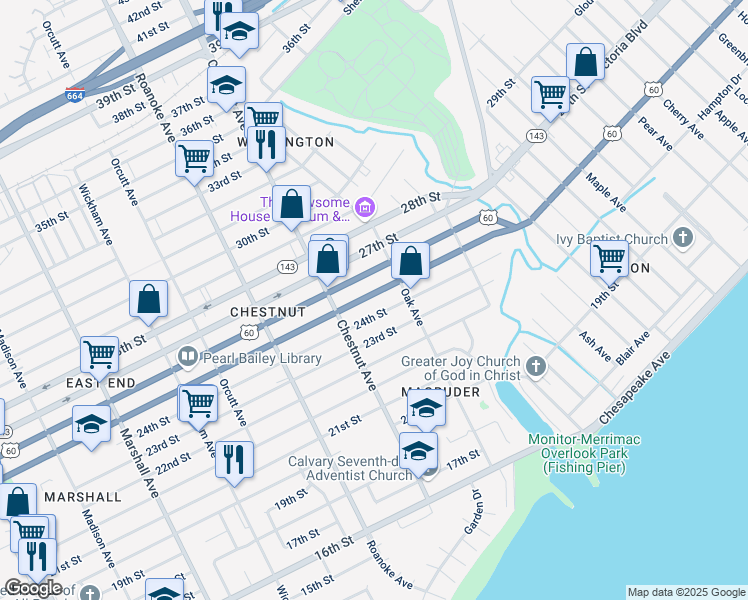 map of restaurants, bars, coffee shops, grocery stores, and more near 1234 25th Street in Newport News