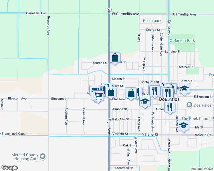 map of restaurants, bars, coffee shops, grocery stores, and more near 1358 Elgin Avenue in Dos Palos