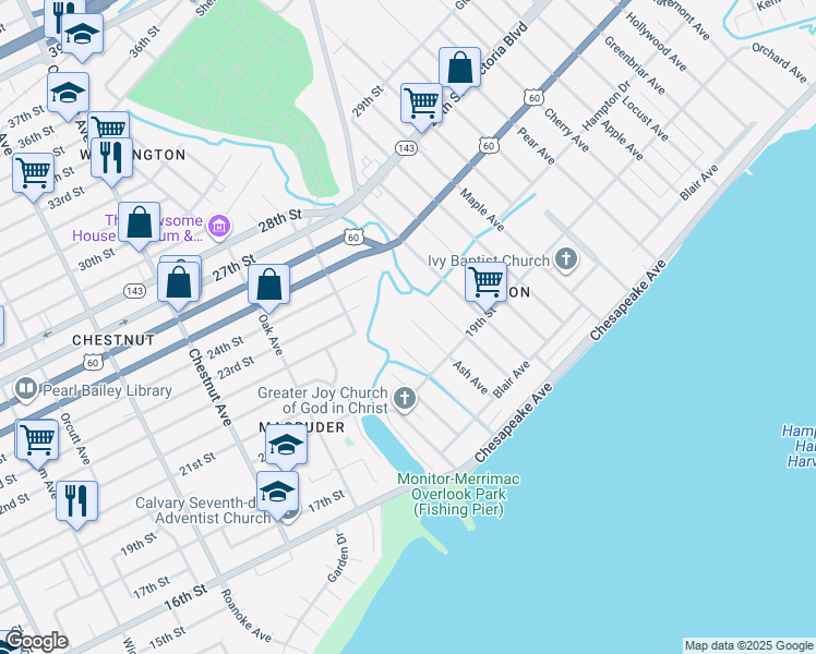 map of restaurants, bars, coffee shops, grocery stores, and more near 145 Ash Avenue in Newport News