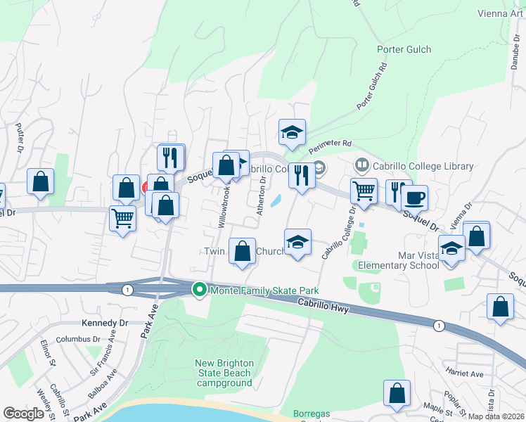 map of restaurants, bars, coffee shops, grocery stores, and more near 3006 Atherton Drive in Aptos