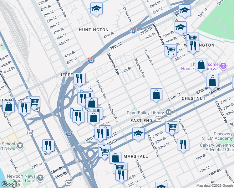 map of restaurants, bars, coffee shops, grocery stores, and more near 735 33rd Street in Newport News