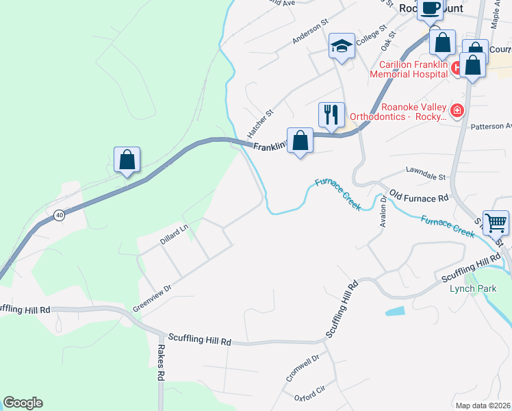 map of restaurants, bars, coffee shops, grocery stores, and more near Mountain Top Drive in Rocky Mount