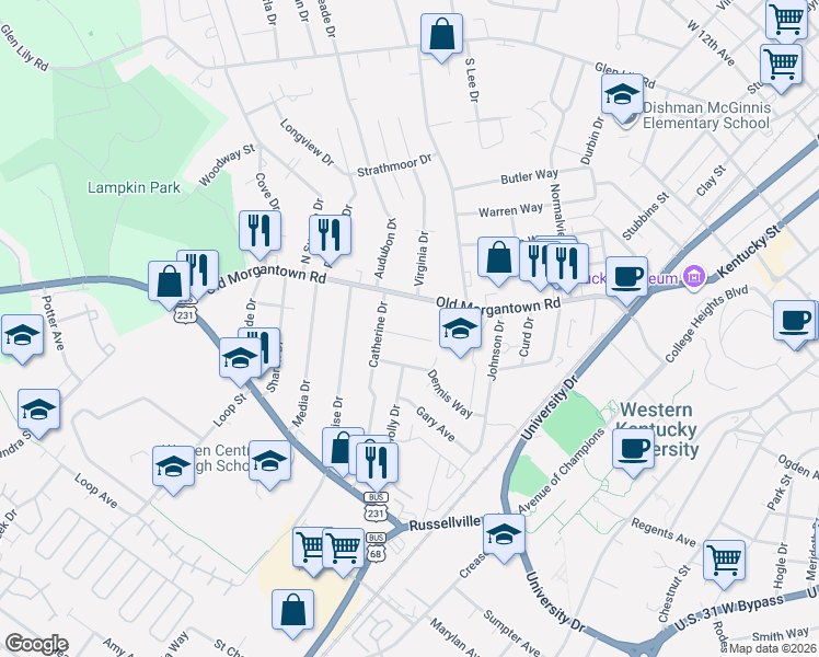 map of restaurants, bars, coffee shops, grocery stores, and more near 611 Old Morgantown Road in Bowling Green