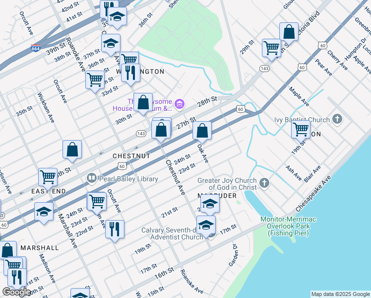map of restaurants, bars, coffee shops, grocery stores, and more near 1240 25th Street in Newport News