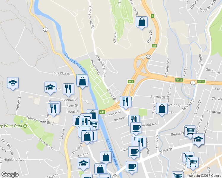 map of restaurants, bars, coffee shops, grocery stores, and more near 1820 Ocean Street in Santa Cruz