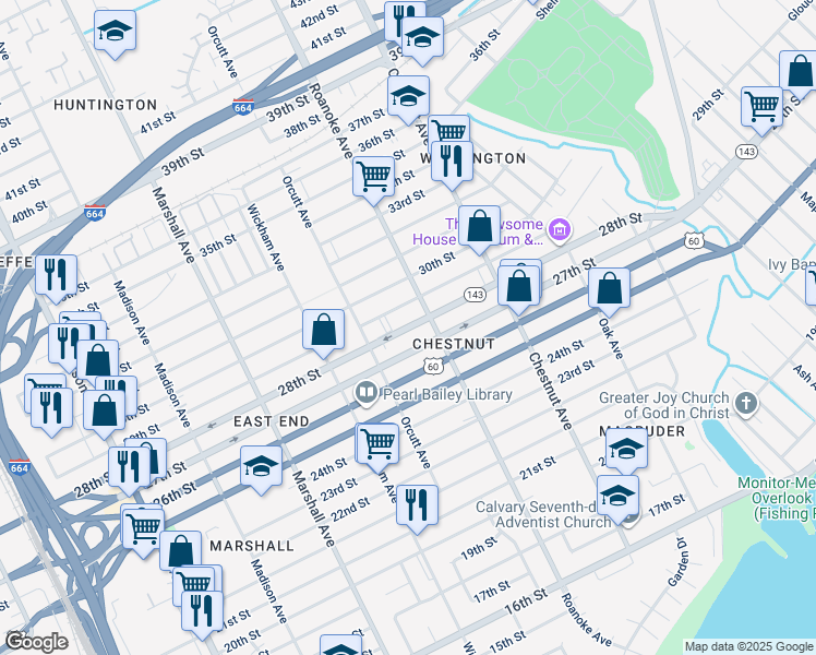 map of restaurants, bars, coffee shops, grocery stores, and more near 1039 29th Street in Newport News