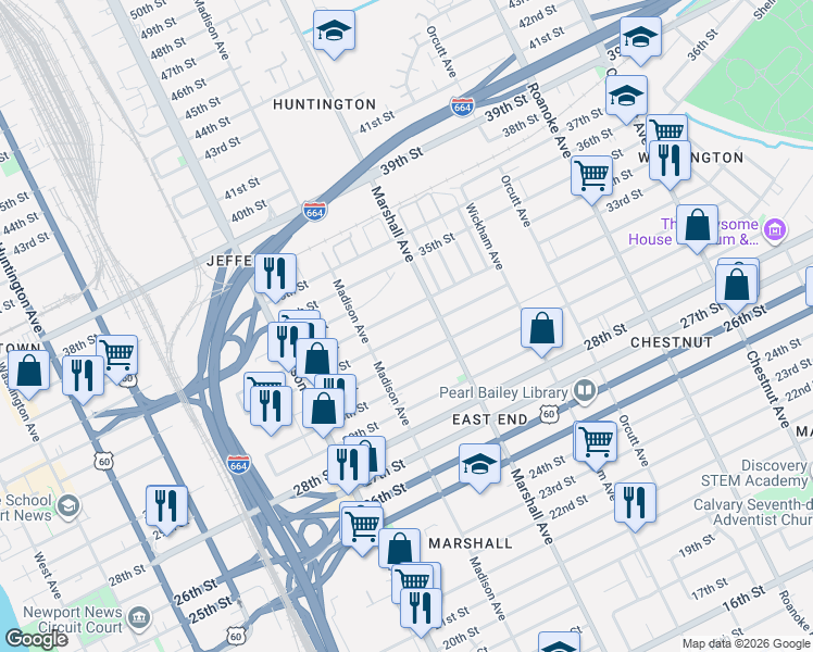 map of restaurants, bars, coffee shops, grocery stores, and more near 735 33rd Street in Newport News