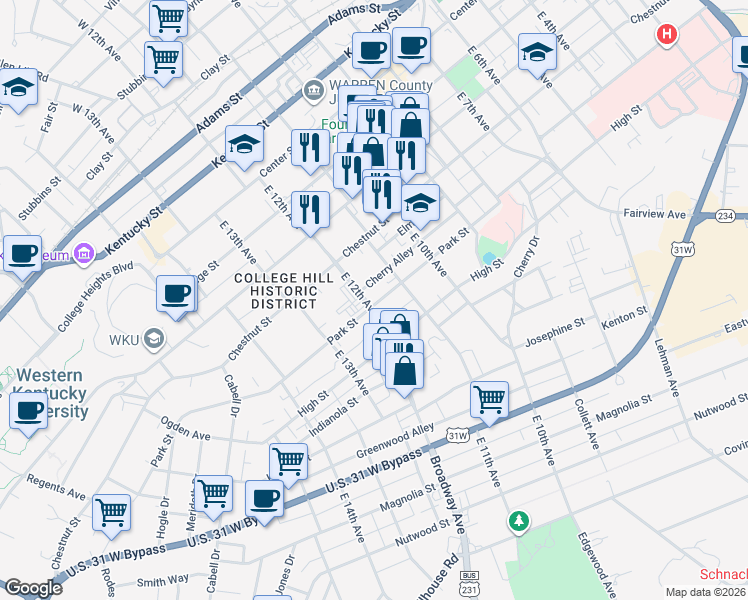 map of restaurants, bars, coffee shops, grocery stores, and more near 1121 Cherry Alley in Bowling Green