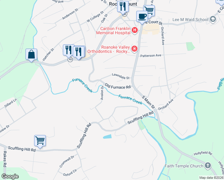 map of restaurants, bars, coffee shops, grocery stores, and more near 10 Old Furnace Rd in Rocky Mt