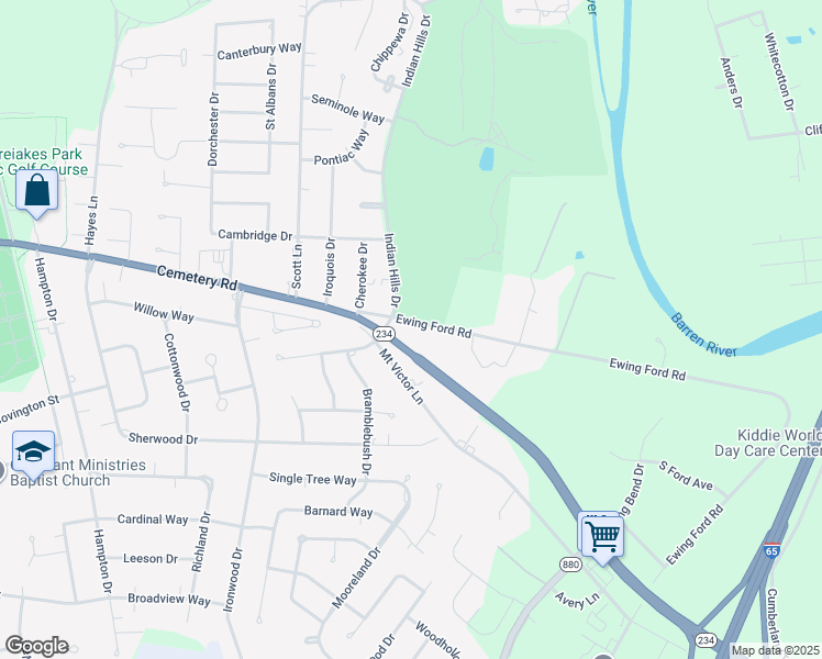map of restaurants, bars, coffee shops, grocery stores, and more near 1700-1880 Ewing Ford Road in Bowling Green