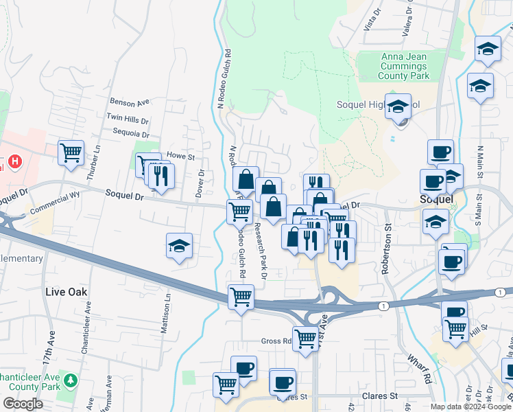map of restaurants, bars, coffee shops, grocery stores, and more near 3074 Carriker Lane in Soquel
