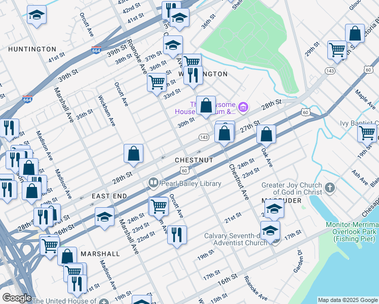 map of restaurants, bars, coffee shops, grocery stores, and more near 1111 28th Street in Newport News