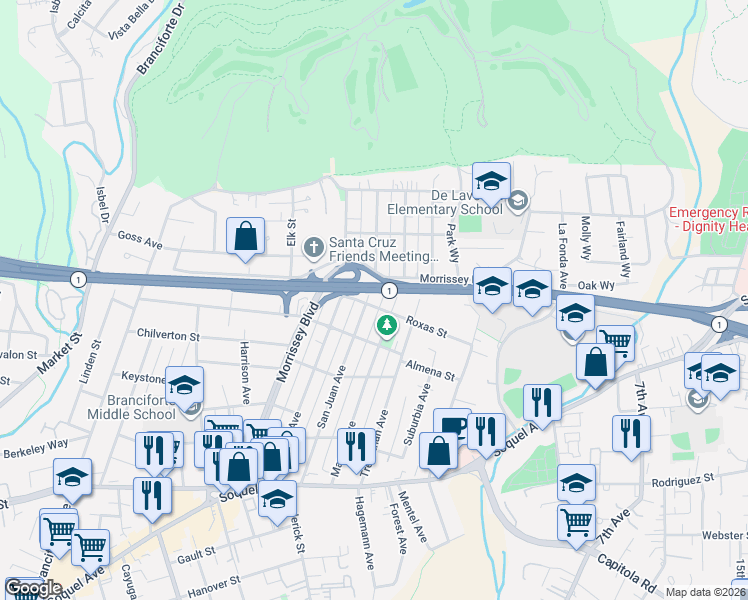 map of restaurants, bars, coffee shops, grocery stores, and more near 600 San Juan Avenue in Santa Cruz