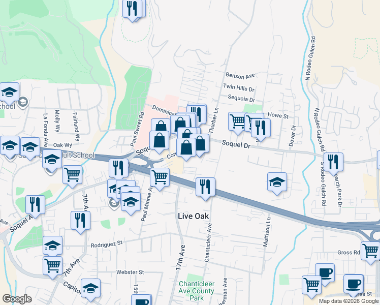 map of restaurants, bars, coffee shops, grocery stores, and more near 1658 Soquel Drive in Santa Cruz