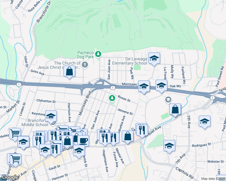map of restaurants, bars, coffee shops, grocery stores, and more near 511 Marnell Avenue in Santa Cruz