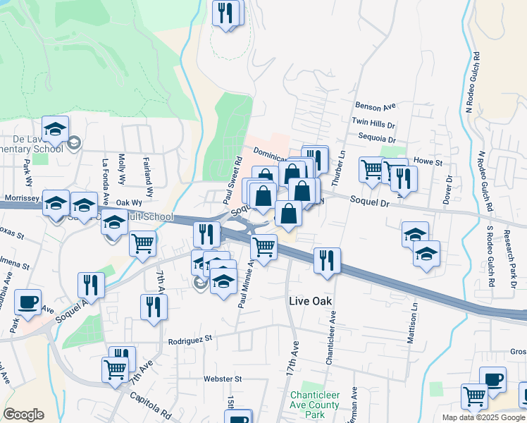 map of restaurants, bars, coffee shops, grocery stores, and more near 2850 Commercial Crossing in Santa Cruz