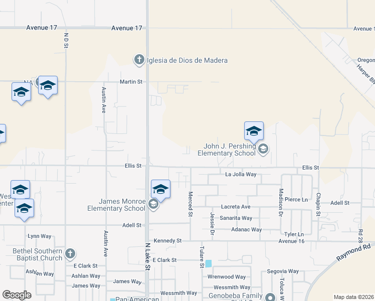 map of restaurants, bars, coffee shops, grocery stores, and more near 27243 Ellis St in Madera