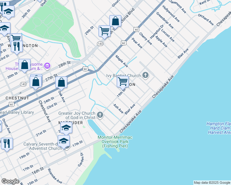 map of restaurants, bars, coffee shops, grocery stores, and more near 112 Cedar Avenue in Newport News