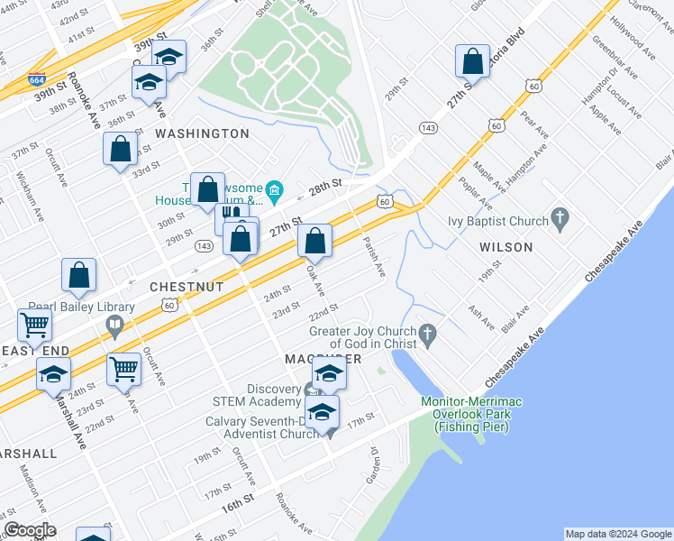 map of restaurants, bars, coffee shops, grocery stores, and more near 1324 24th Street in Newport News