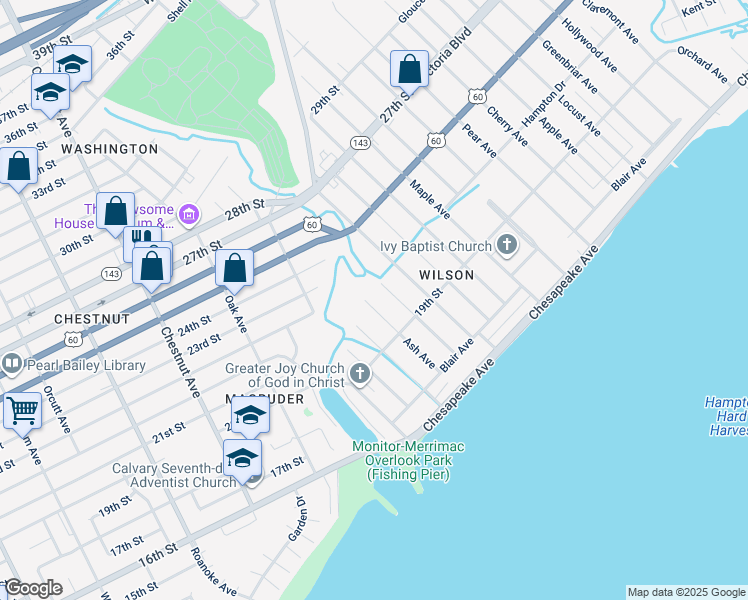 map of restaurants, bars, coffee shops, grocery stores, and more near 134 Cedar Avenue in Newport News