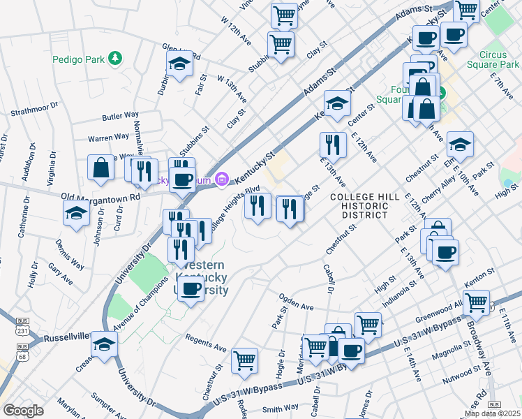 map of restaurants, bars, coffee shops, grocery stores, and more near 1516 Alumni Drive in Bowling Green