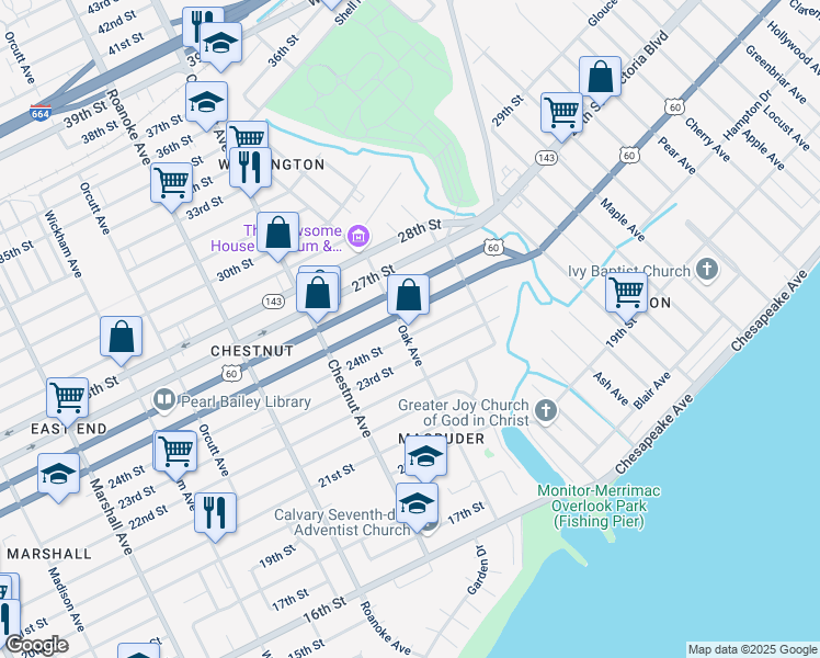 map of restaurants, bars, coffee shops, grocery stores, and more near 2402 Oak Avenue in Newport News