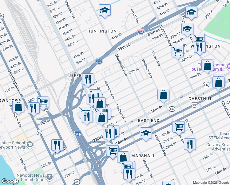map of restaurants, bars, coffee shops, grocery stores, and more near 735 33rd Street in Newport News
